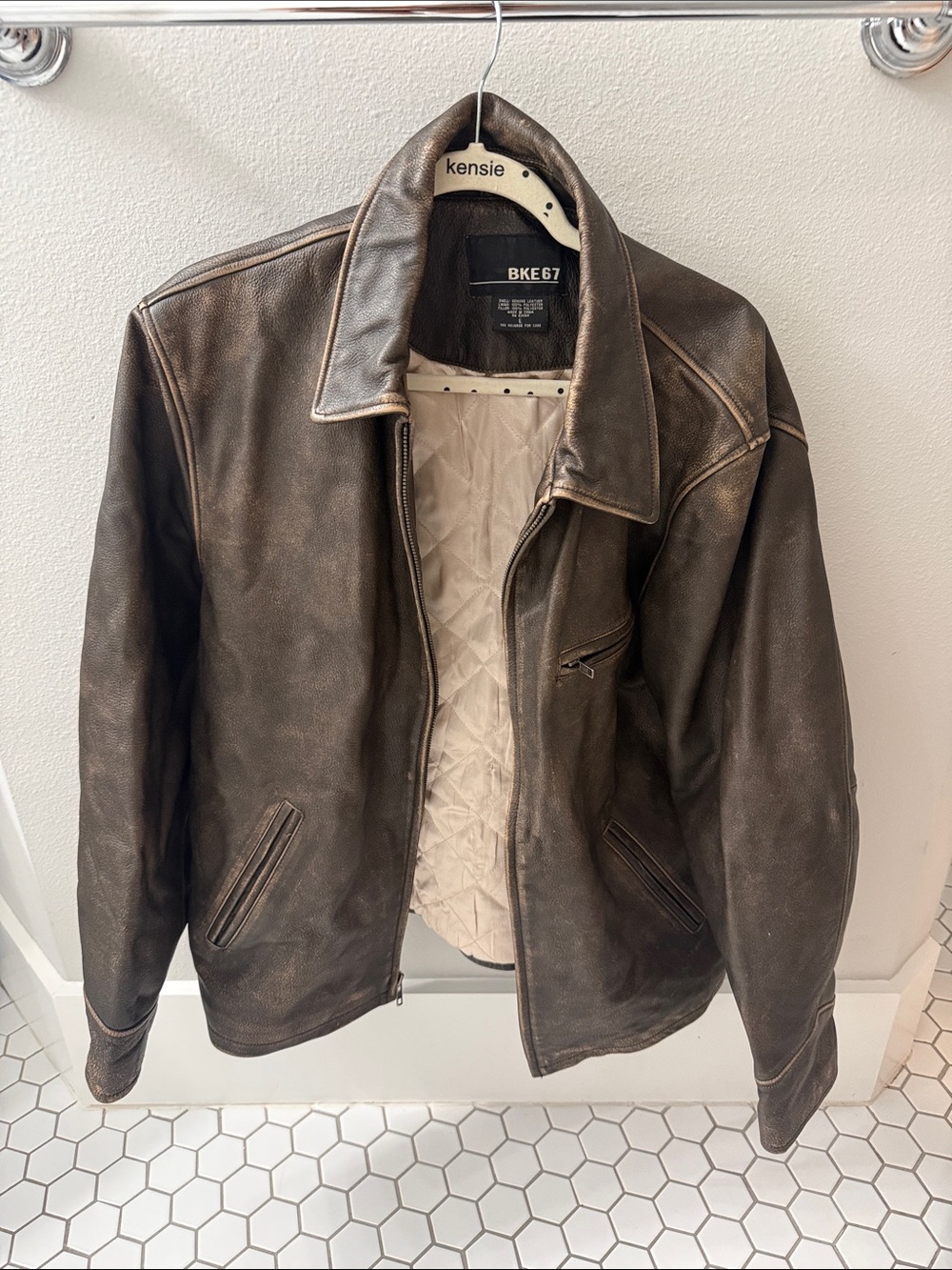 BKE Men's Brown Leather Bomber Jacket with Cream Quilted Lining